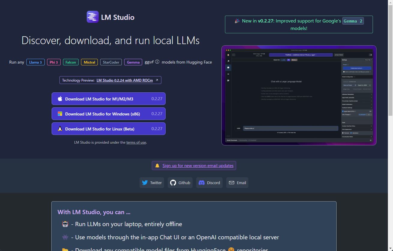 「LM Studio」のホームページからソフトをダウンロードする。