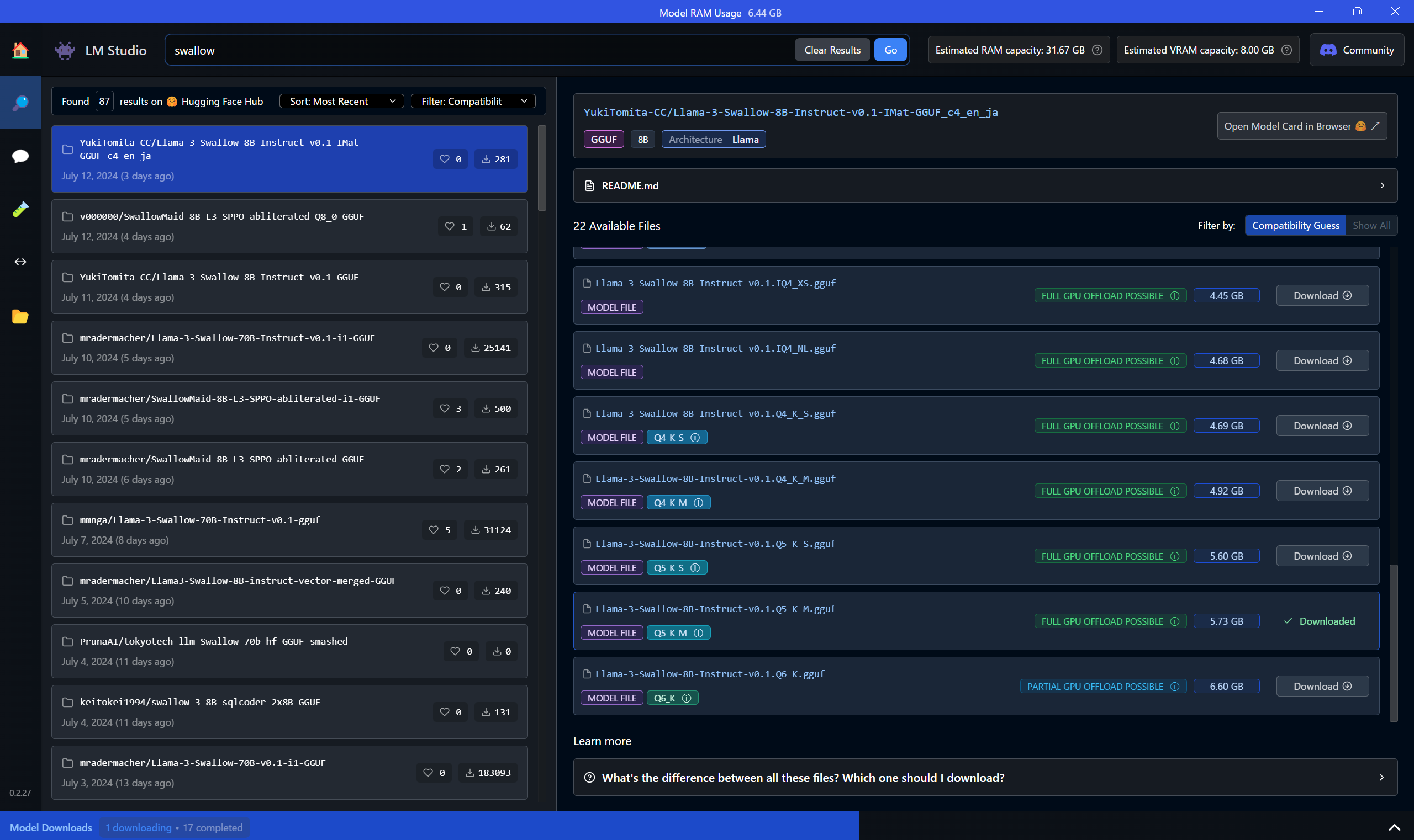 GPU動作するQ5をダウンロードした。サイズは5.73GB。