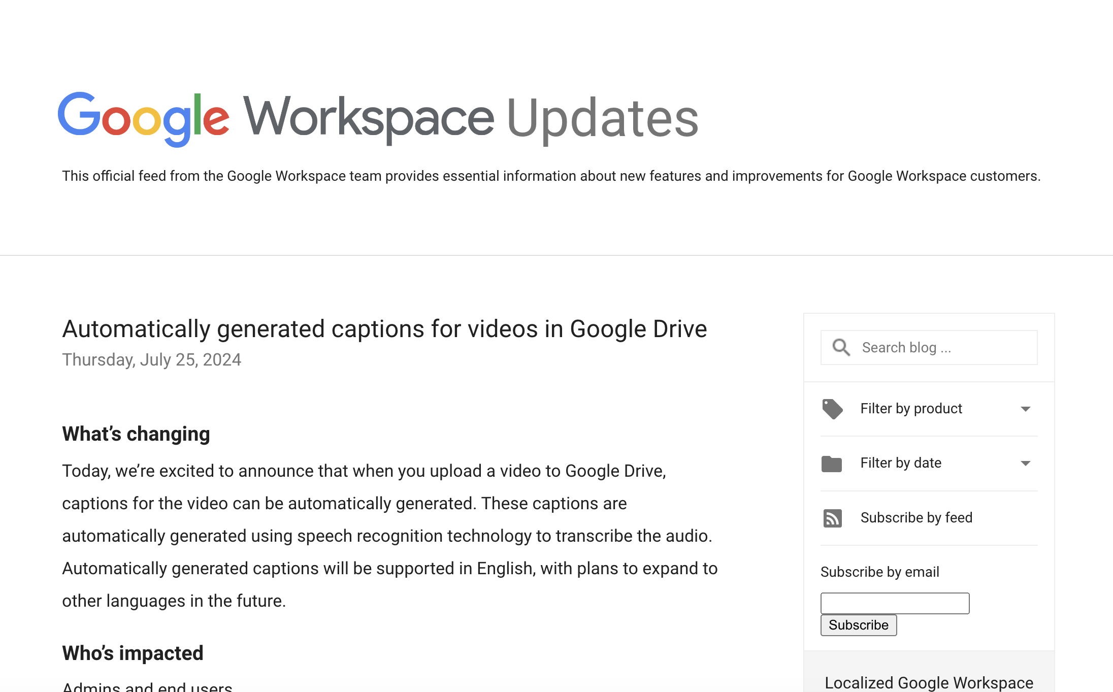 「Google ドライブ」にアップロードしたビデオの字幕を自動生成してくれる機能を追加