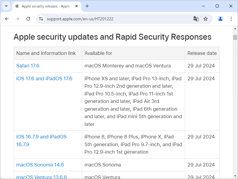Appleがセキュリティアップデートを実施