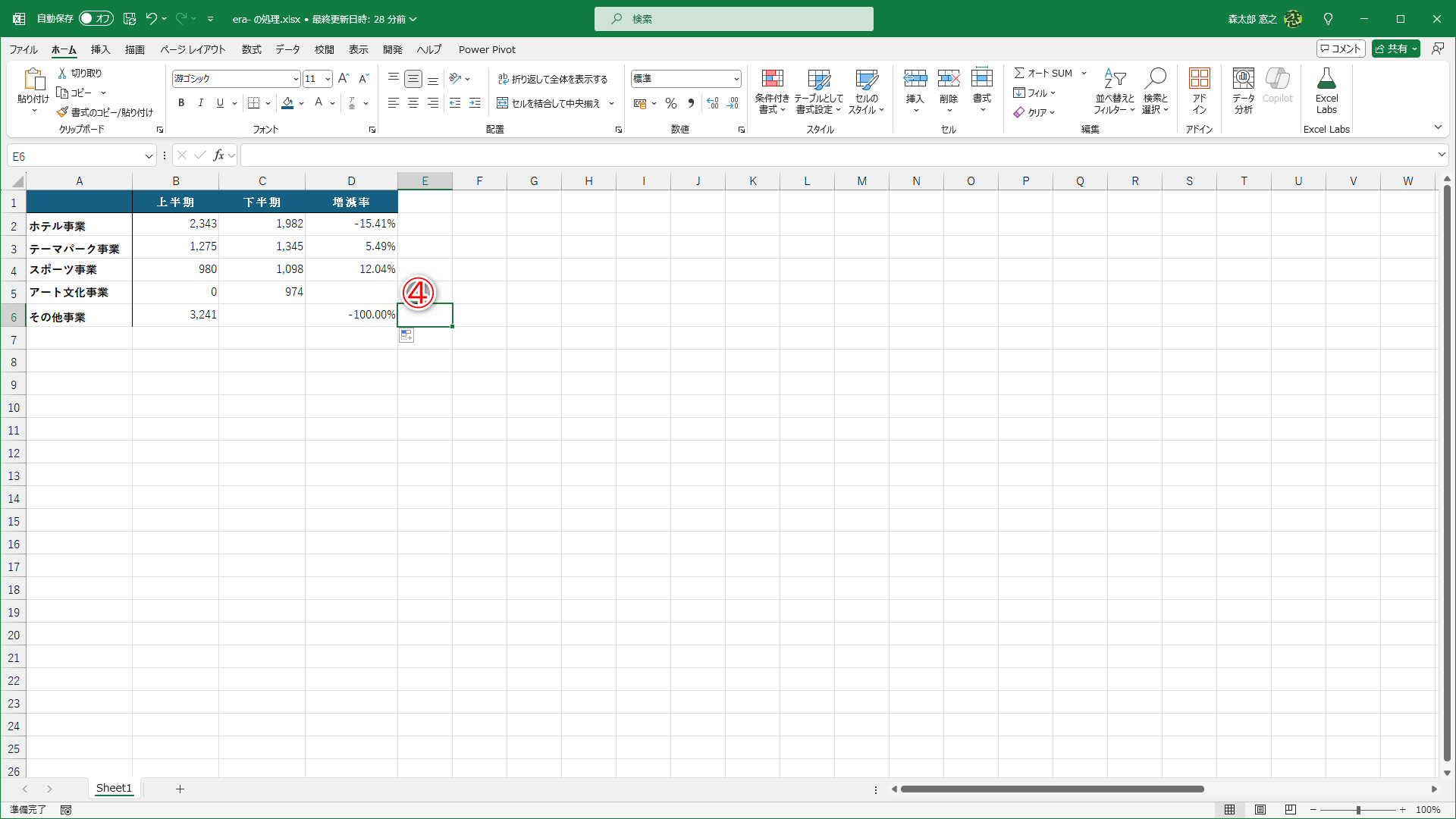 セルD2の数式をオートフィルでコピーしました。セルD5のエラー値が非表示になっています（④）