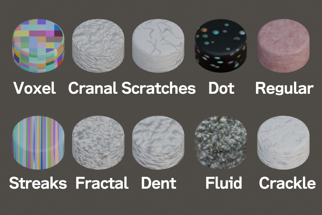 「Noise Nodes」。スペースの都合でPixalator以外の10種類のサンプル。傷（Scratches）や汚れ（Regular）、カビ（Dot）、削れ（Crackle）と使えそうな物ばかり