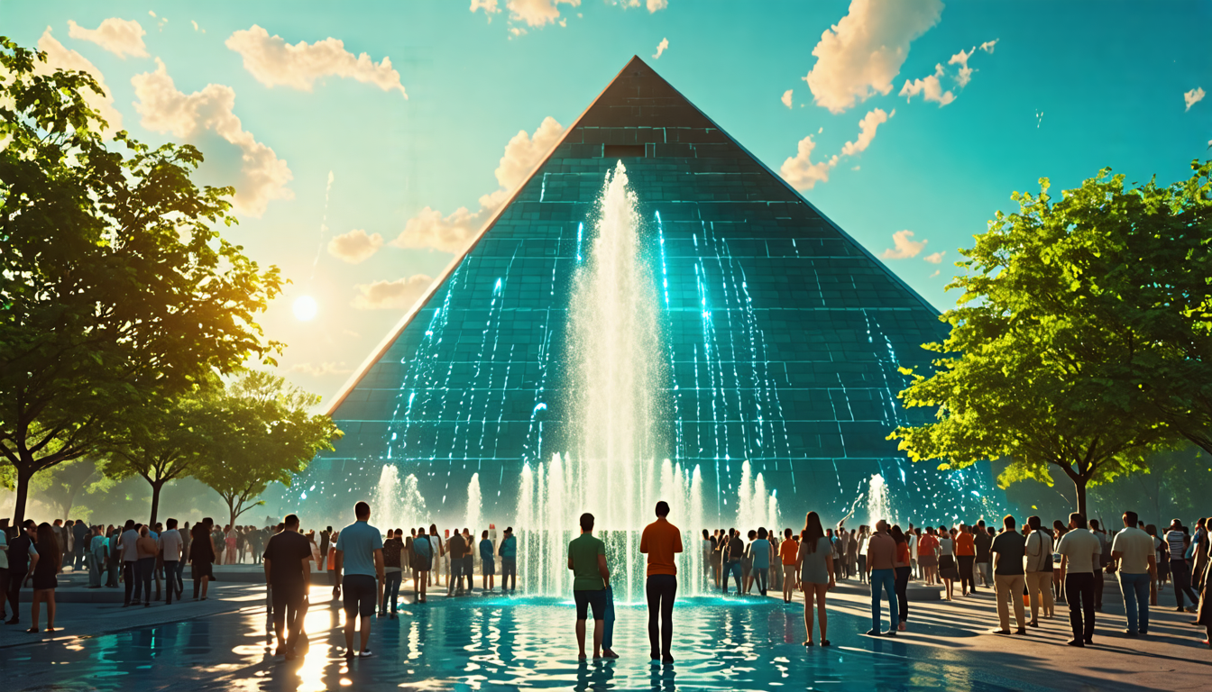 Stability AI APIを使用して生成した画像(Prompt=photorealistic illustration of the power people who create. A beautiful fountain, which sprays a single stream of water to a high height, is in the centre of the screen. People queuing up to face the giant upside-down pyramid structure.The sky is a crisp (blue:0.3) and (green:0.8). The community by creative users, after the revolution of AI. NP=NSFW, normal quality, worst quality, ugly Seed=4289236692)