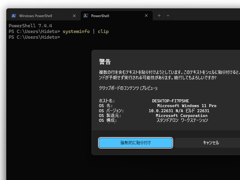 「ターミナル」で上記のコマンドを実行して、［Ctrl］＋［V］キーを押した様子