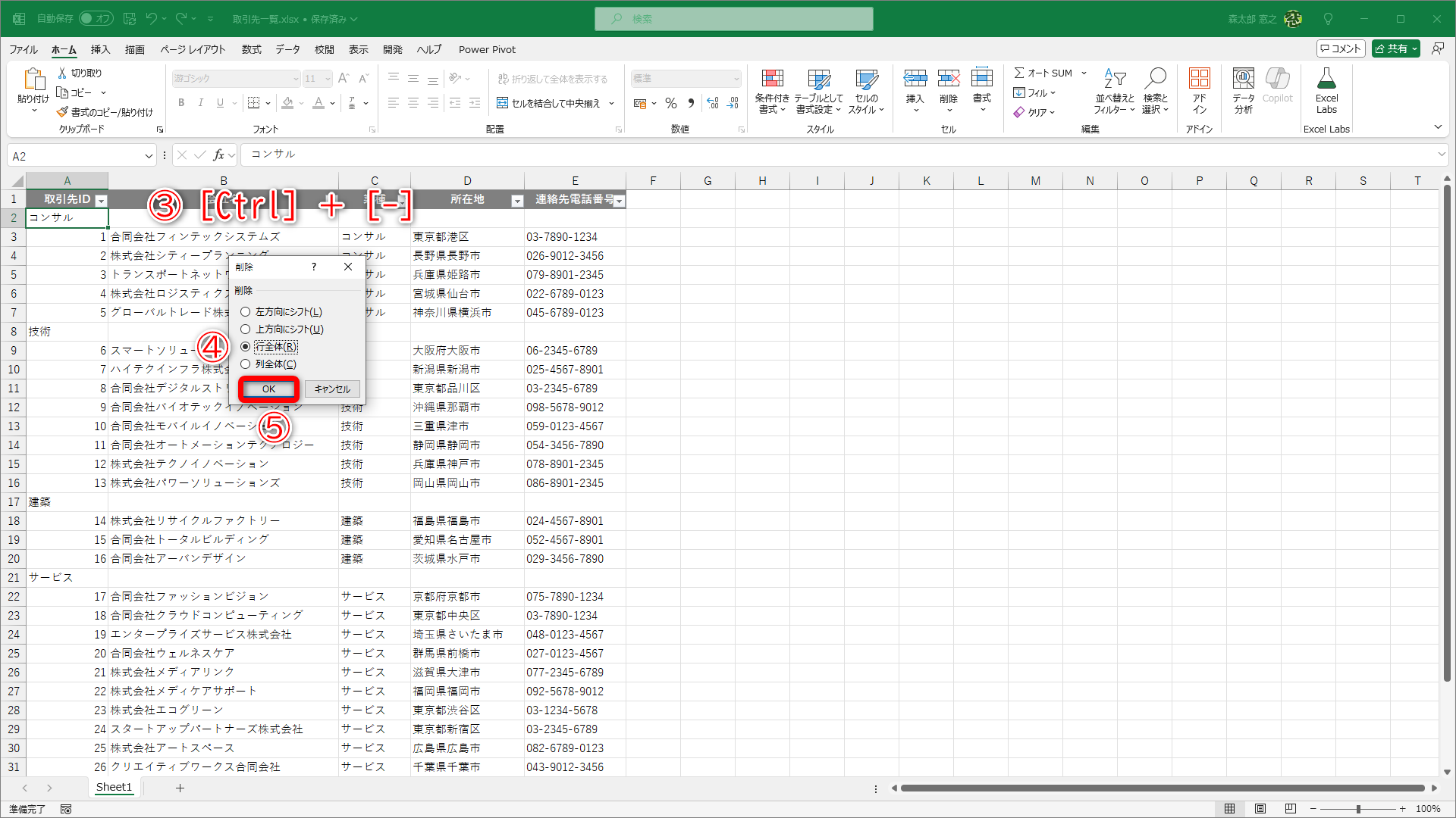 ［Ctrl］＋［-］キーを押す（③）と［削除］ダイアログボックスが表示されます。［行全体］（④）を選択して［OK］（⑤）をクリックすれば行を削除できます