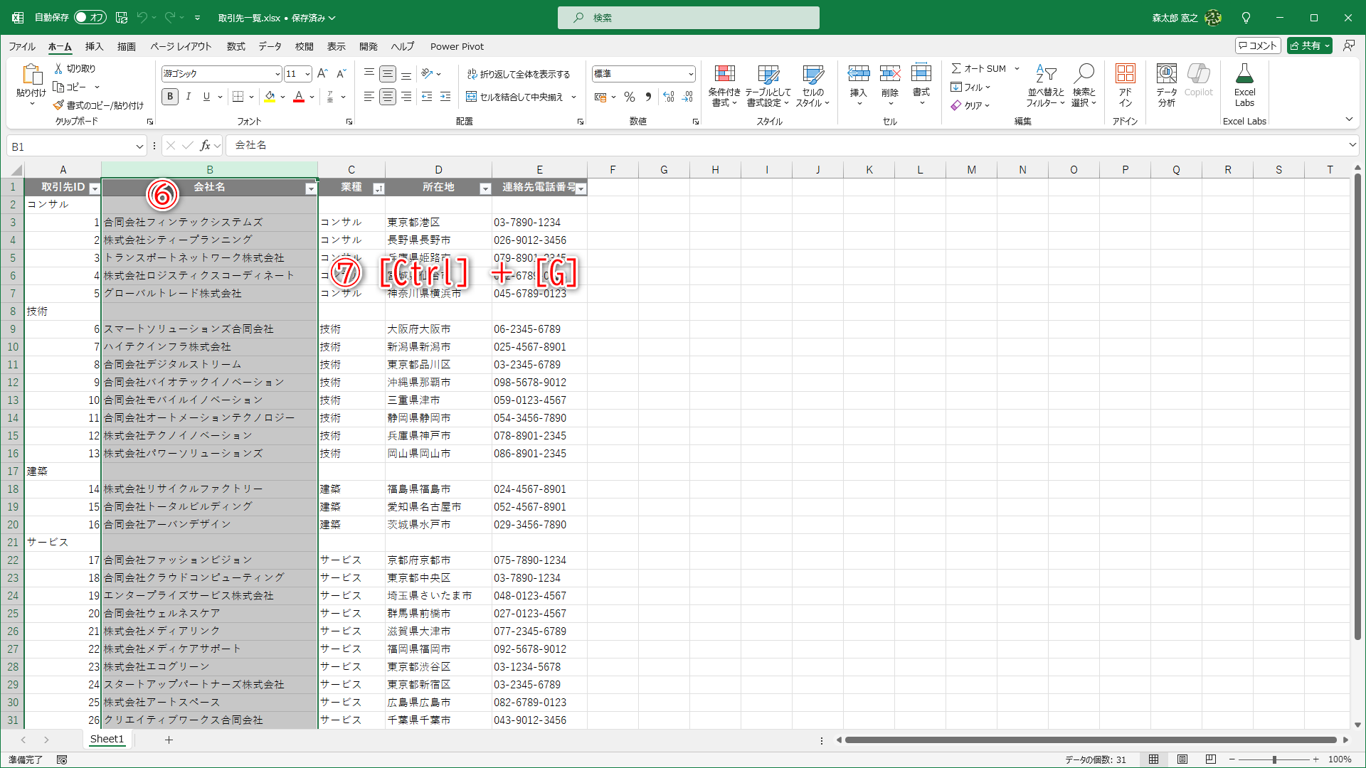 B列の列番号をクリックして（⑥）B列を選択します。そのまま［Ctrl］＋［G］キーを押します（⑦）