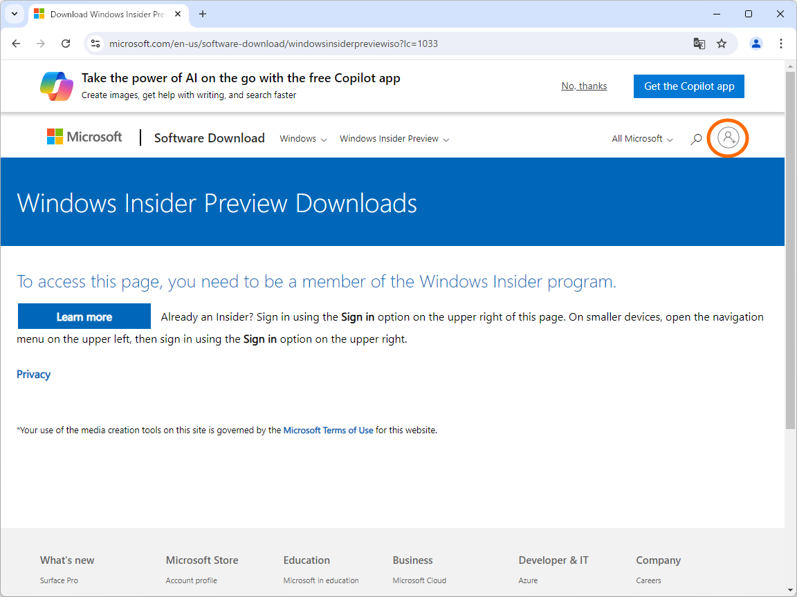 ページ右上のプロフィールアイコンをクリックし、「Windows Insider Program」へ登録済みのアカウントでサインイン
