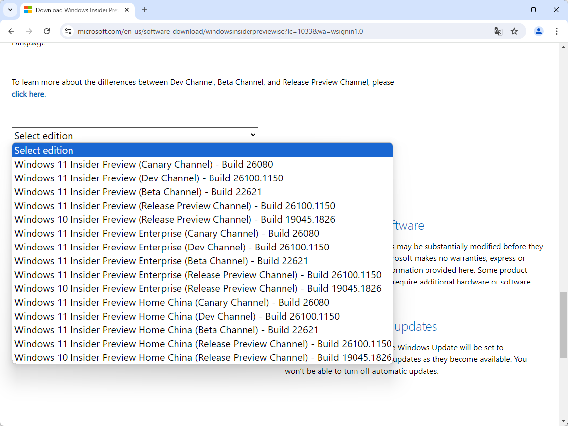 下へスクロールするとダウンロードするエディション（edition）を選択できる