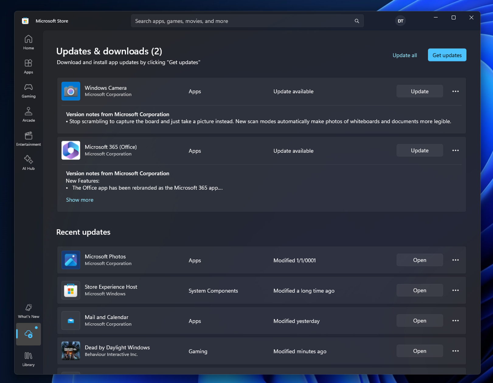 アップデートとダウンロードの確認は新しい専用ページでチェックする仕組みに