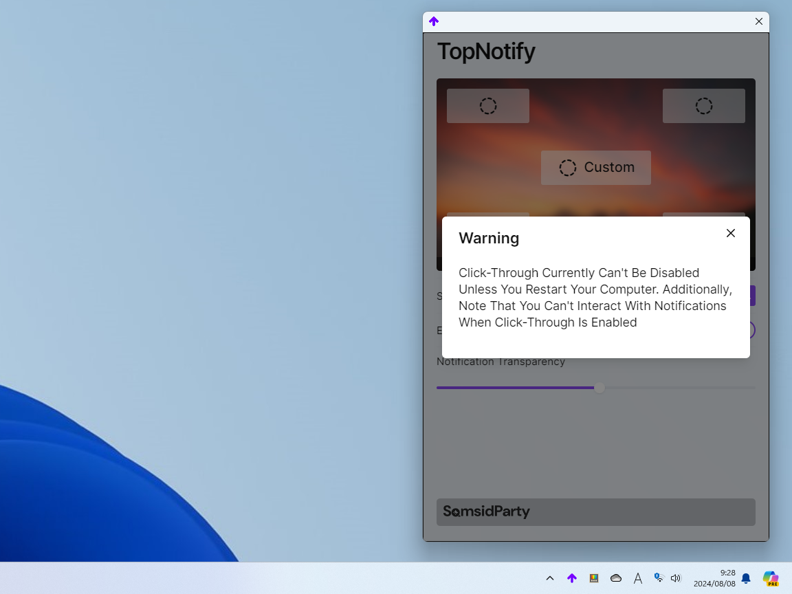 クリックスルーはトーストの誤クリックを防げるが、トーストを選択できなくなる上、解除にはOSの再起動が必要になる点には注意