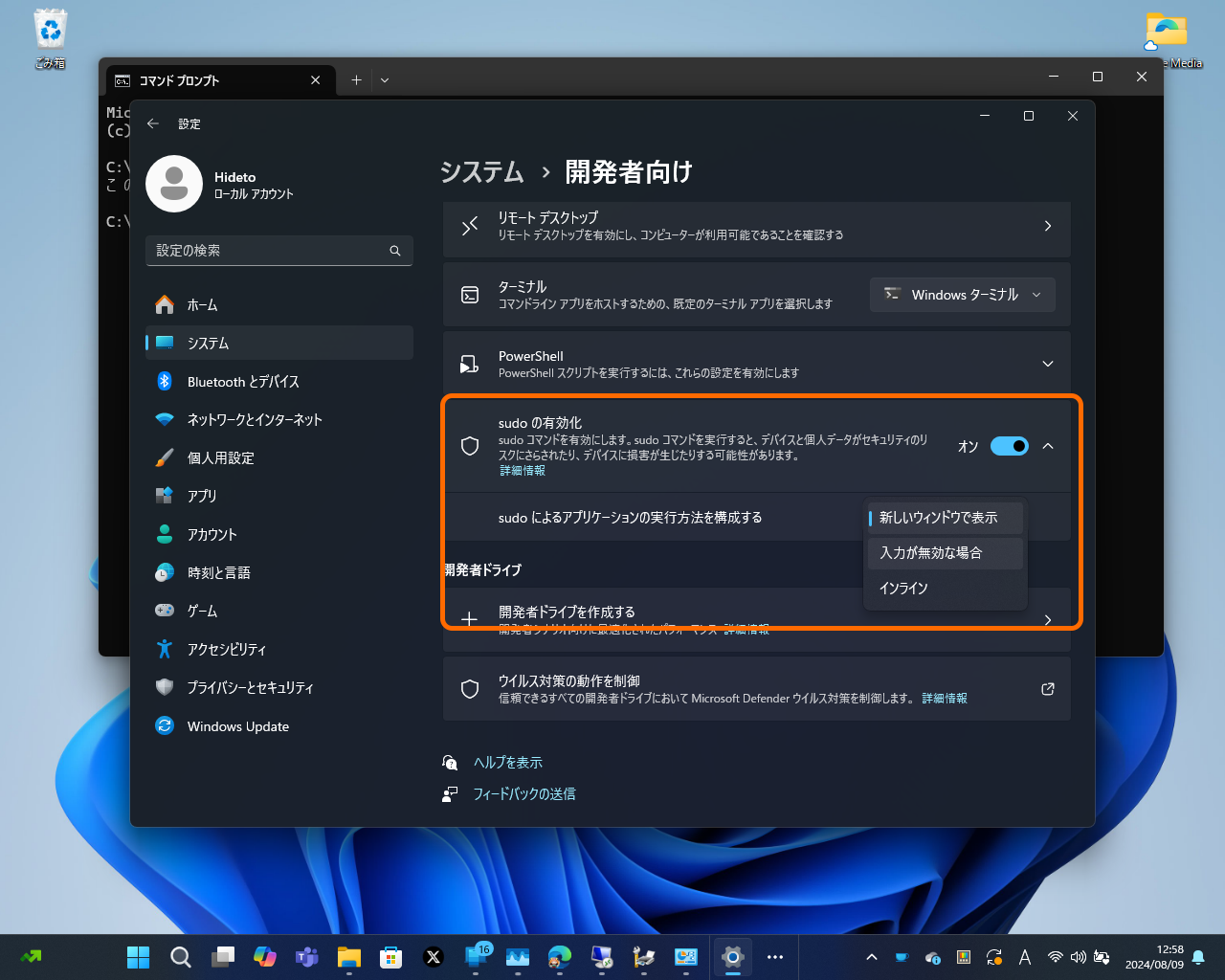 案内に従って「設定」アプリの［システム］－［開発者向け］ページで「Sudo」コマンドを有効化