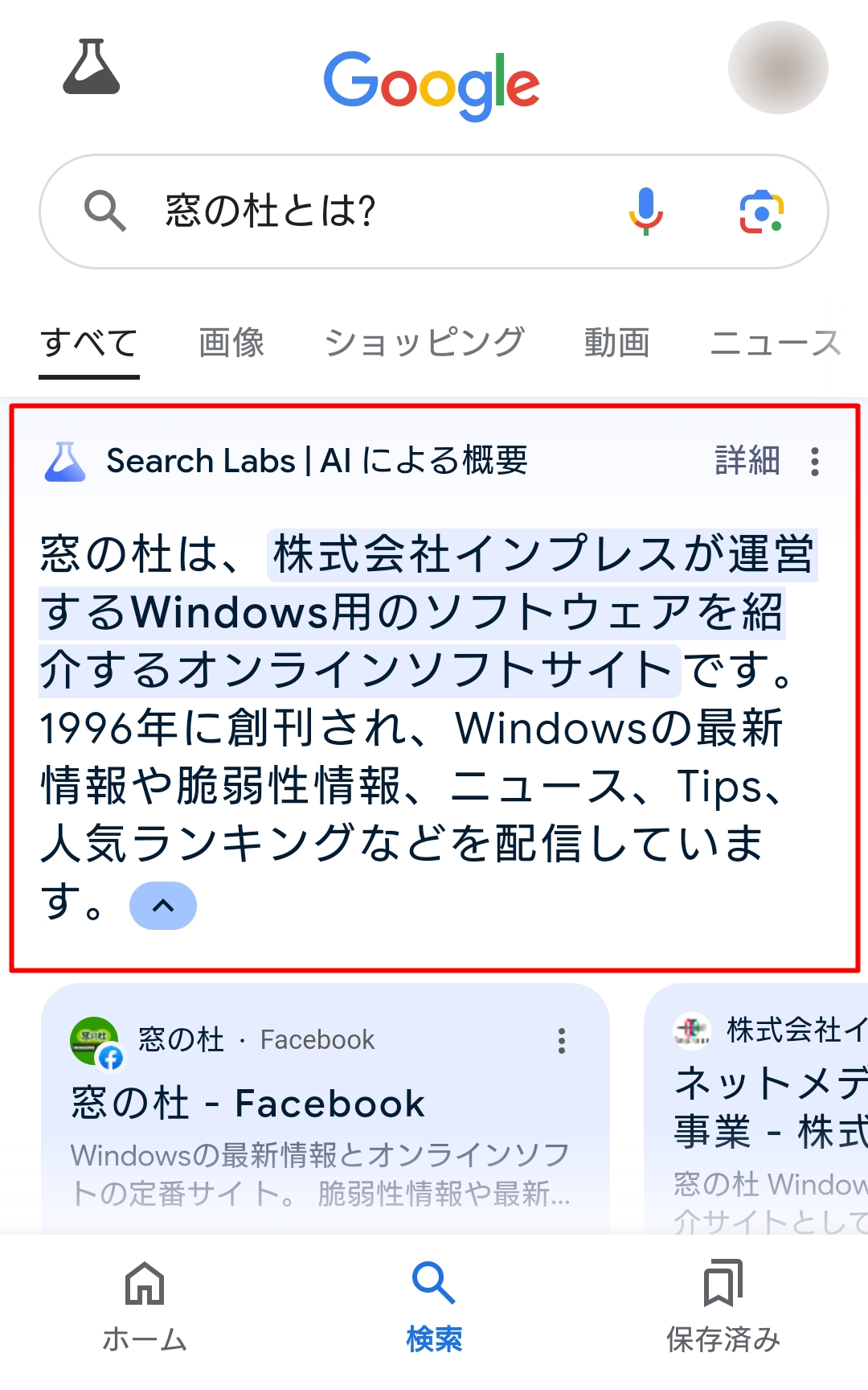 「AIによる概要」の回答例（画面は試験運用版のもの）