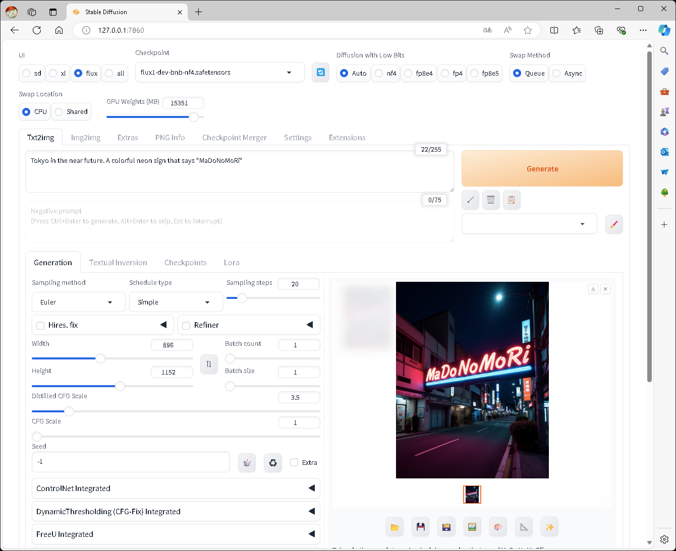 ［Checkpoint］で「Flux1-dev」を選択しておくのがポイント。「Flux.1」は文字の出力にも対応している。アニメ調、リアル系のどちらにも対応可能だ