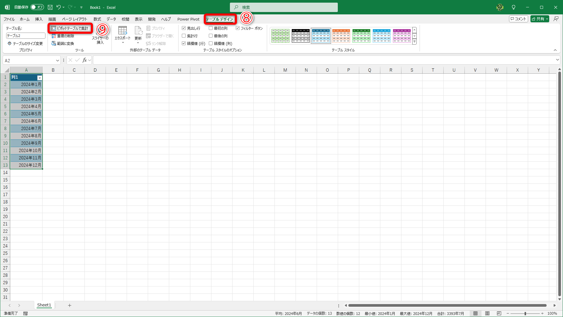 リストがテーブルに変換されました。［テーブルデザイン］タブ（⑧）に切り替わるので、［ピボットテーブルで集計］（⑨）をクリックします
