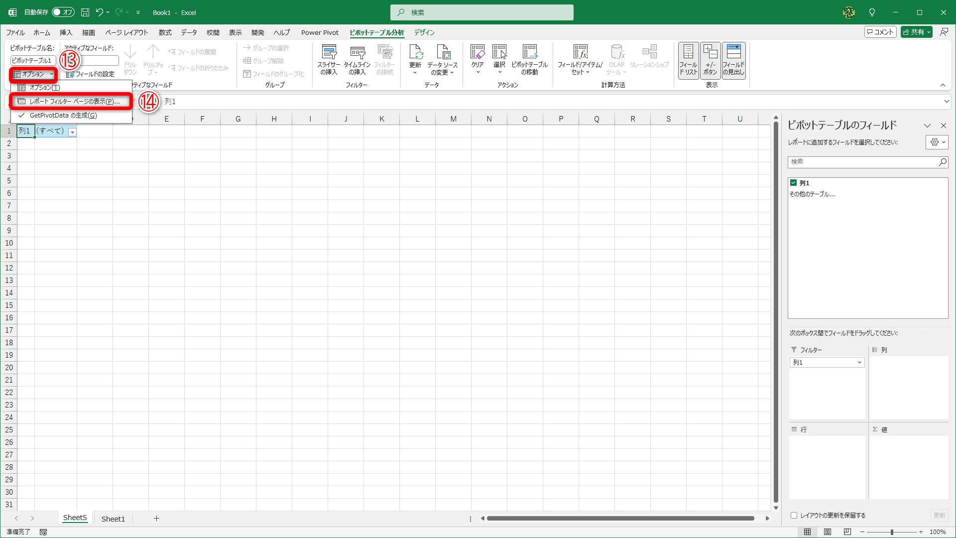 ［オプション］（⑬）－［レポートフィルターページの表示］（⑭）をクリックします