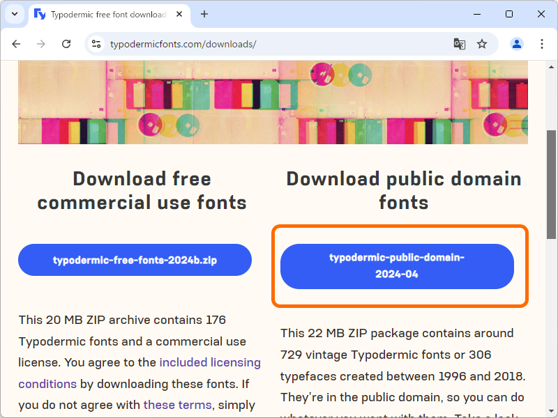 現在もパブリックドメインで公開されているフォントパックの一部として無償提供されている
