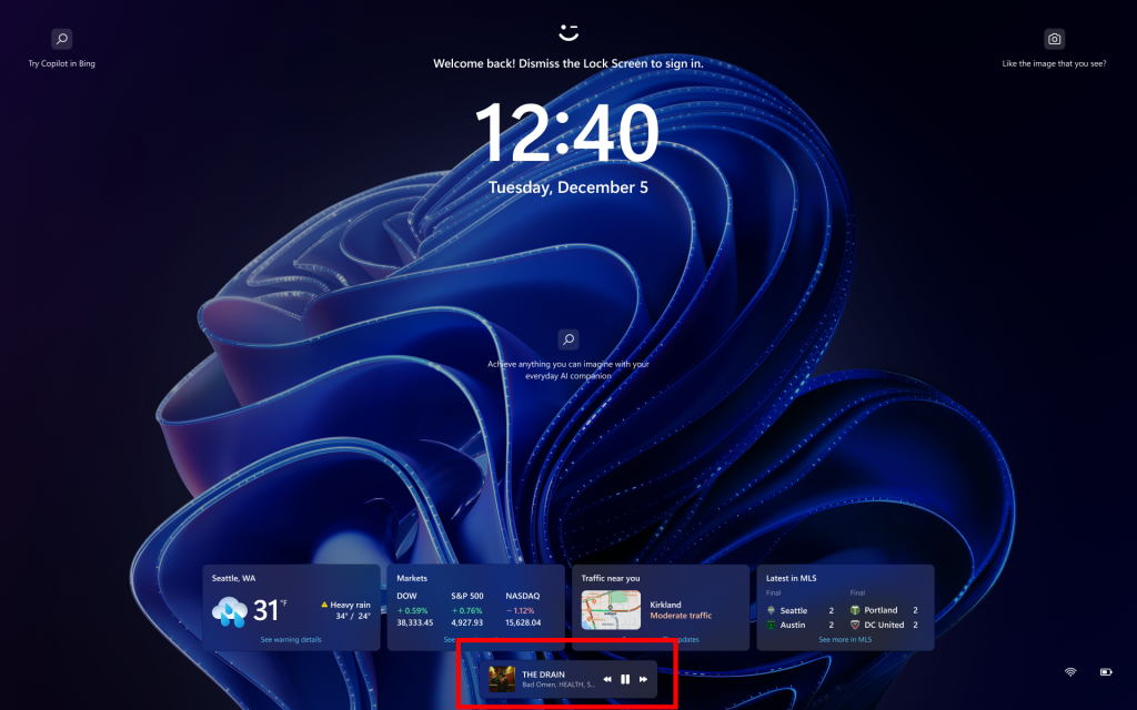 ロック画面中央下部にメディアコントロールが追加。Beta版「Windows 11」でテスト開始