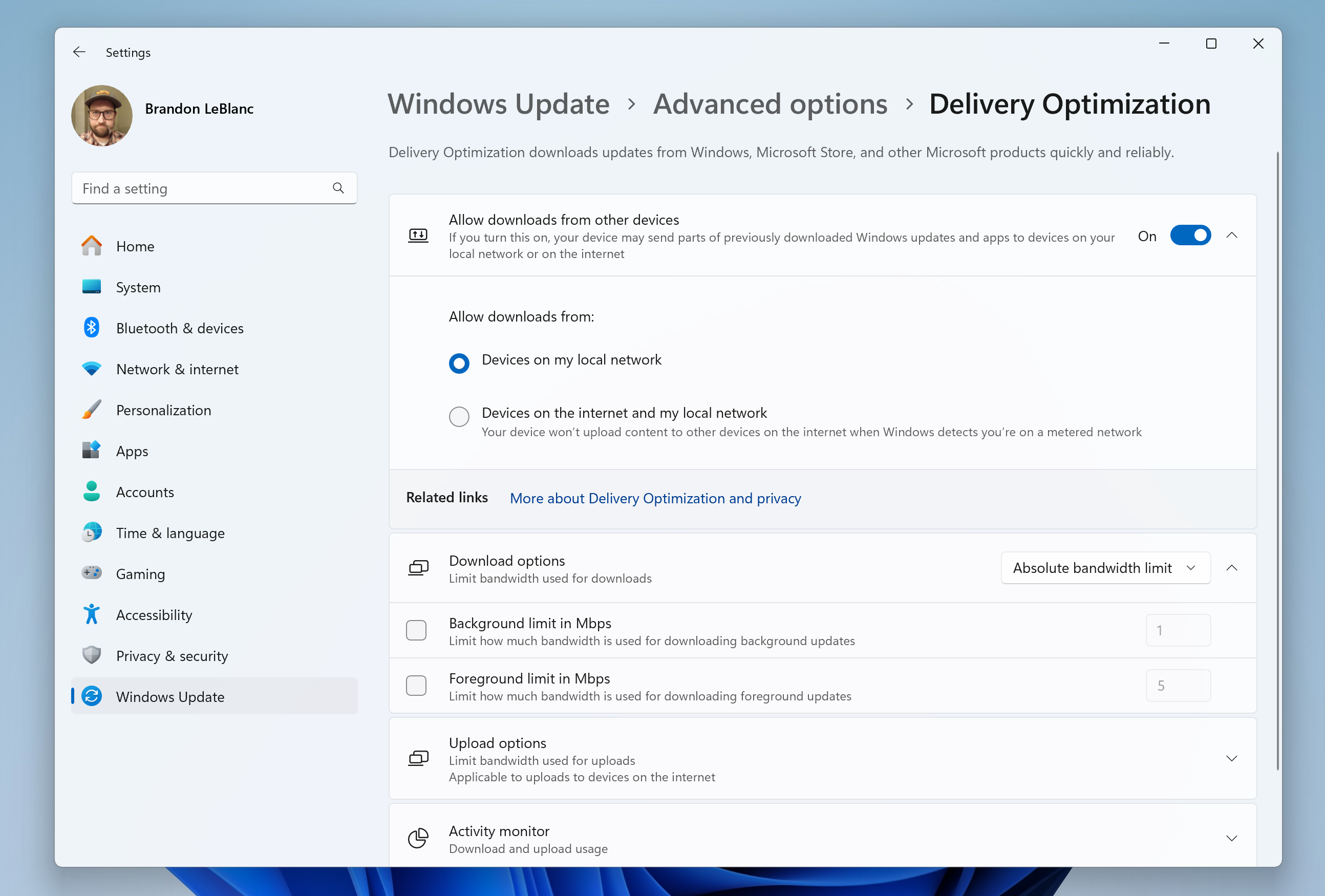 ［Windows Update］－［詳細オプション］－［配信の最適化］設定ページがWindows 11のデザイン原則に合わせてアップデート