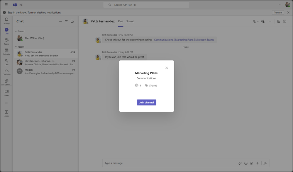 チャンネル内のリンクで、共有チャンネルへの参加をリクエスト