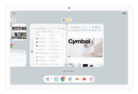 大画面デバイスのマルチタスクが改善され、たとえばタスクバーを画面上に固定してアプリを素早く切り替えたり、お気に入りの分割画面アプリの組み合わせを保存して素早くアクセスしたりできるように