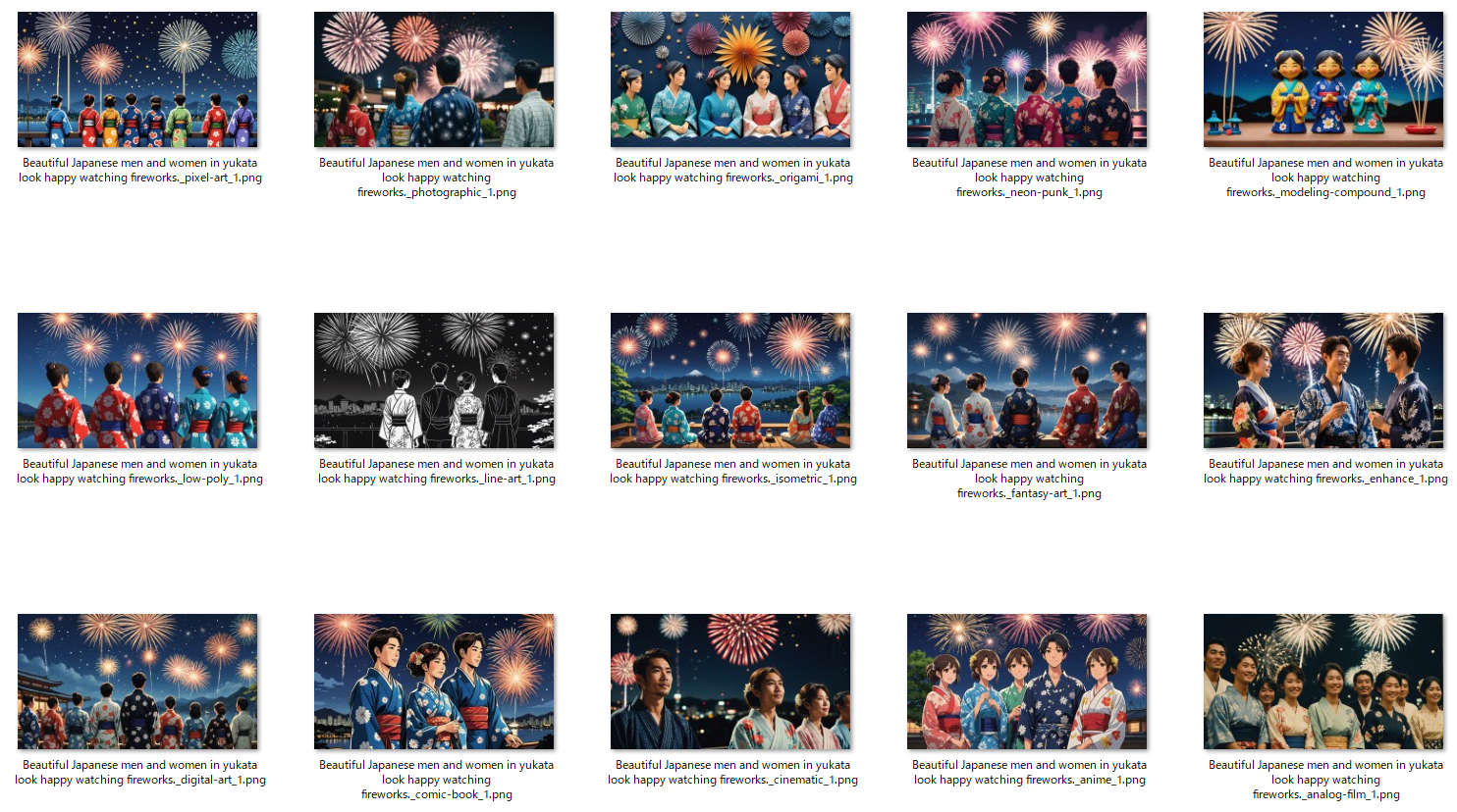 「Beautiful Japanese men and women in yukata look happy watching fireworks」