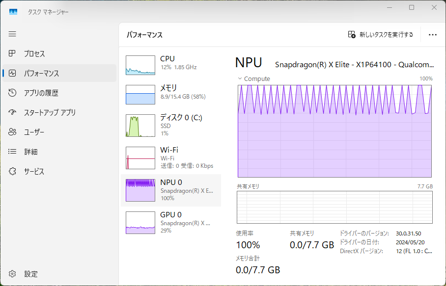 カメラの使用中はNPUをフルに使う時もある