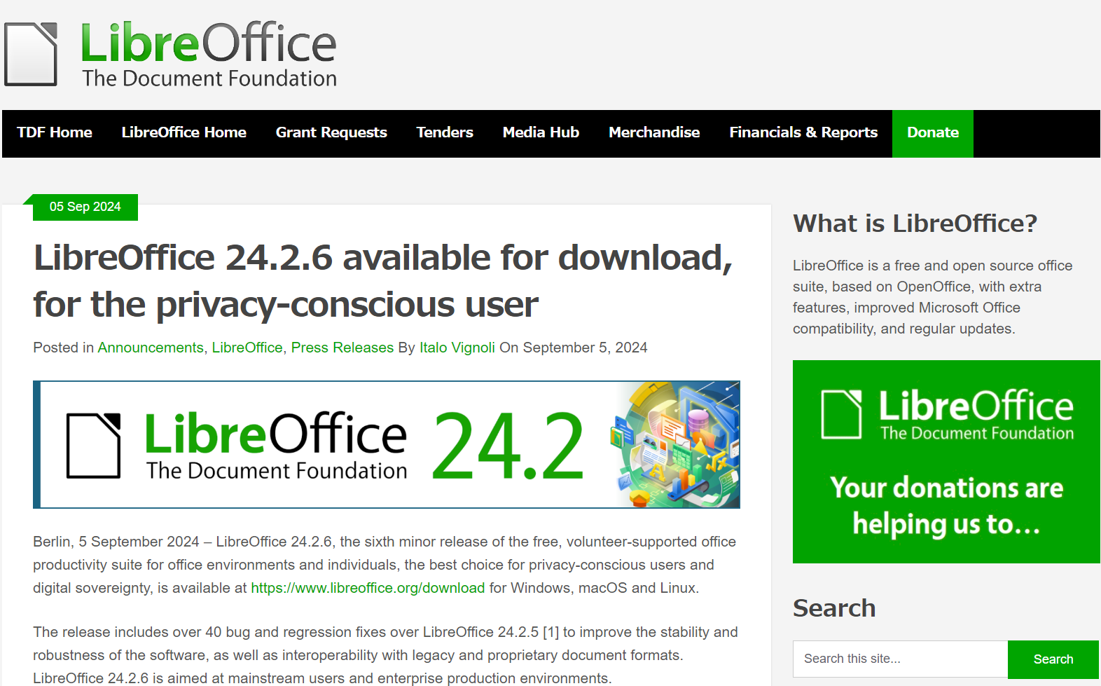 「LibreOffice 24.2.6」がリリース