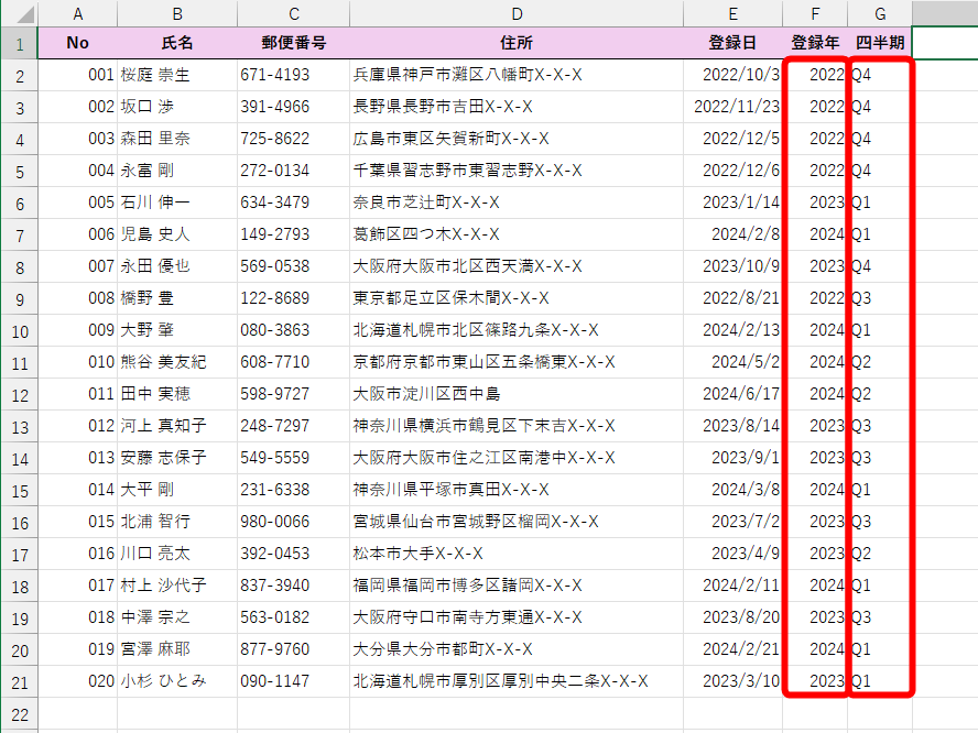 ［登録年］と［四半期］の列が挿入された