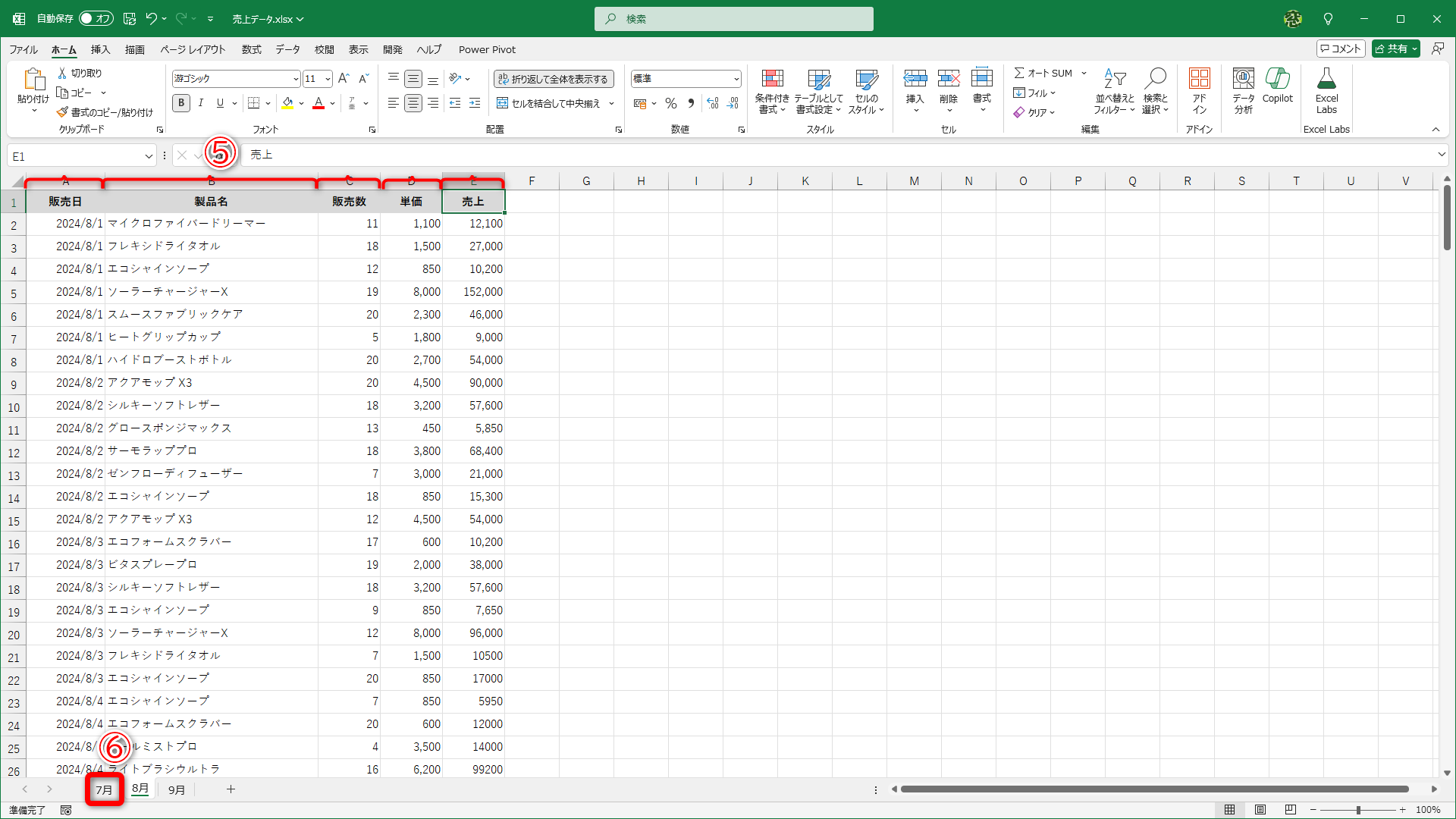 列幅が揃っていることがわかります（⑤）。ほかのシート見出しをクリックします（⑥）
