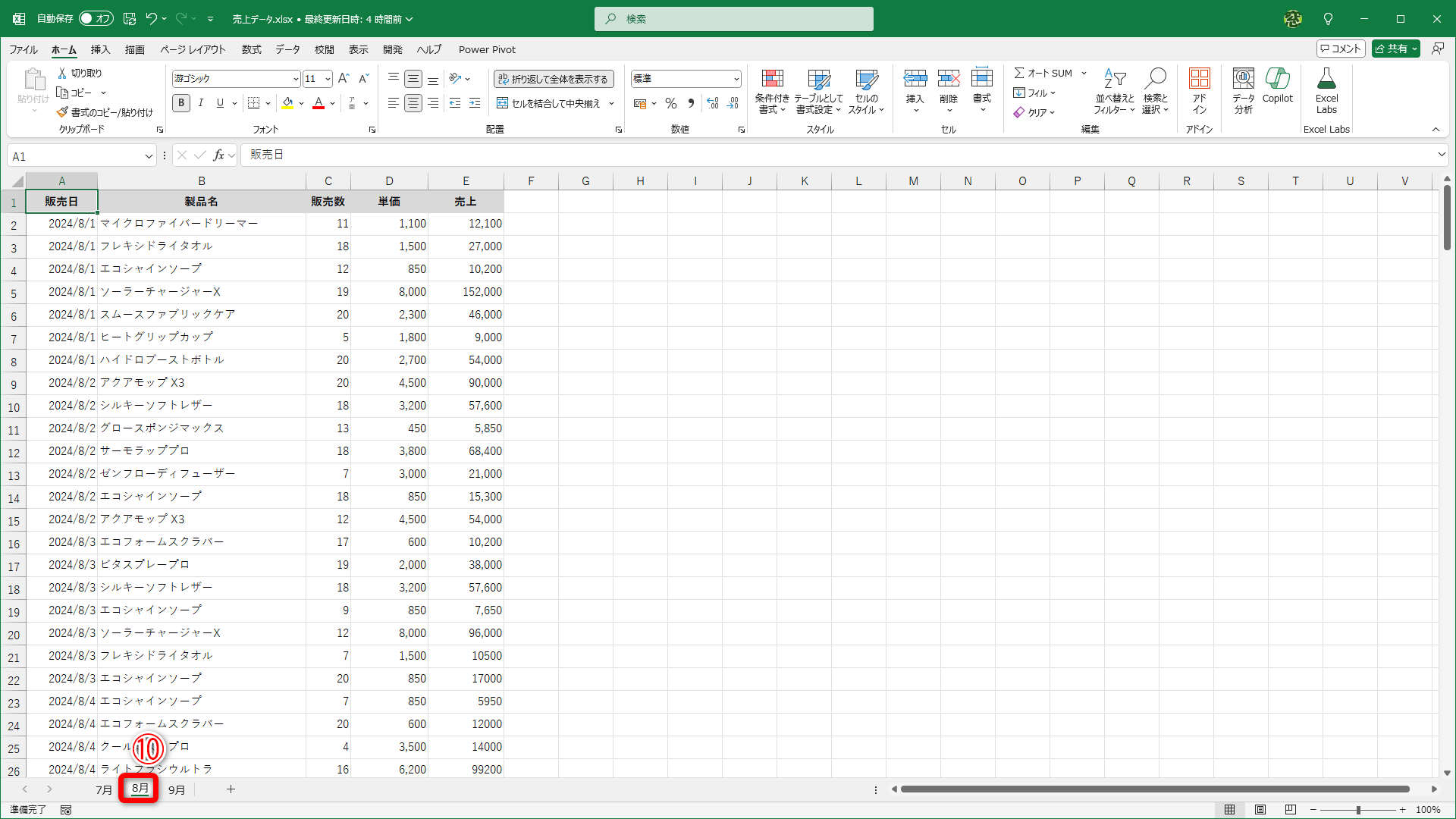 ほかのシート見出しをクリックして（⑩）、ワークシートを切り替えます