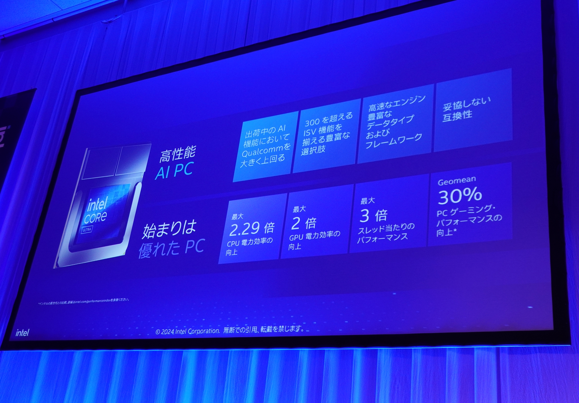 第1世代の「Core Ultra プロセッサー」と比べて、「Core Ultra 200Vプロセッサー」の電力効率が劇的に向上していることがわかる