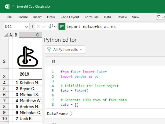 「Excel」のサイドパネルにビルトインできる「Python Editor」