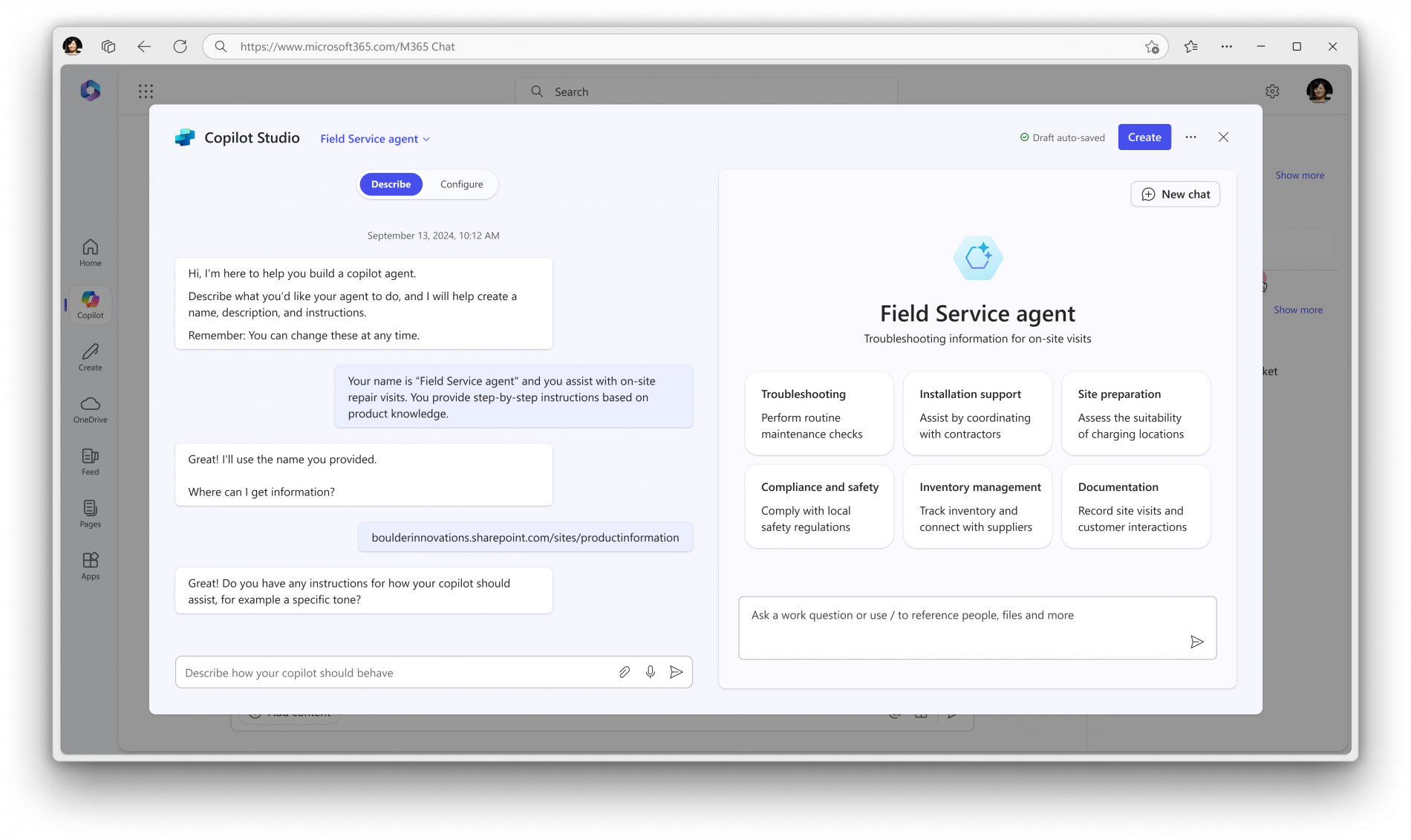 「Copilot Studio」のエージェントビルダーでカスタムAIボットを作成。自動化や「Teams」チャットにも組み込める