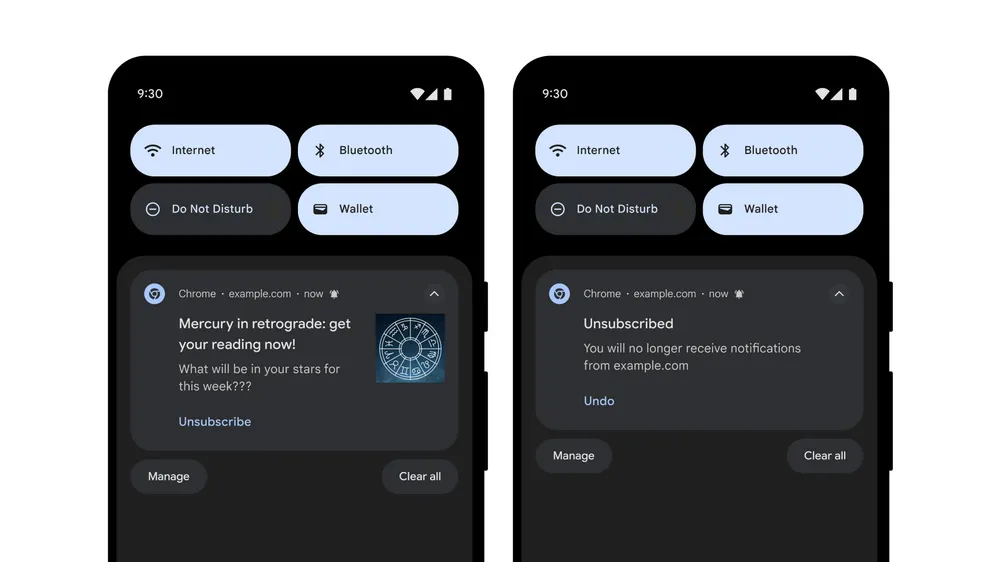 ドロワーに設置されたボタンでWebサイトからの通知を停止