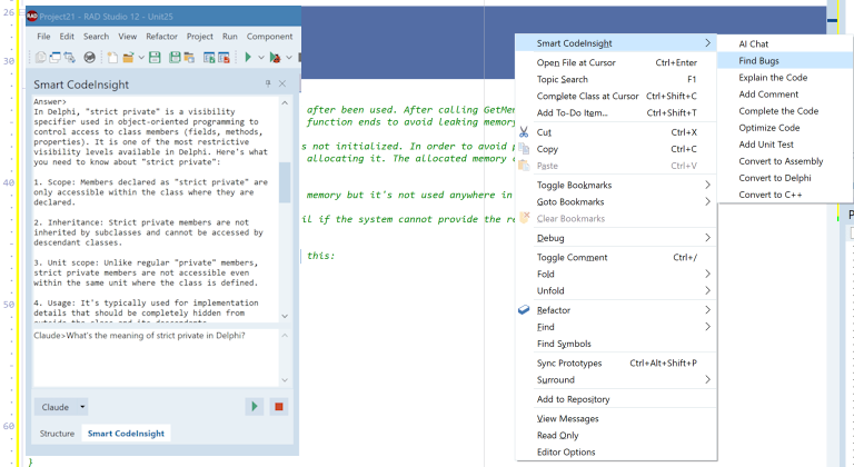 ドッキング可能なチャットペインで対話する方法と、選択したコードの右クリックメニューからAIコマンドを実行できる方法の2つが選べる