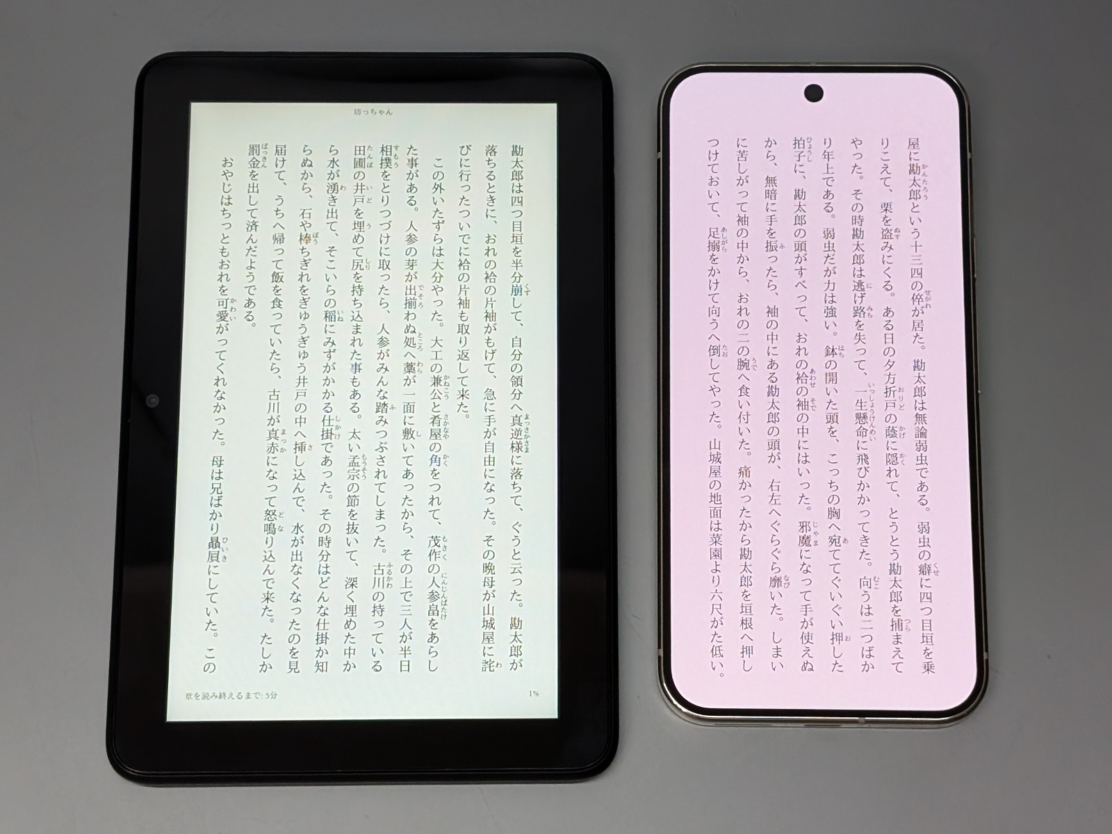 スマホについては情報量の差は1.5倍程度。さきのE Ink電子ペーパー端末の場合と同じだ