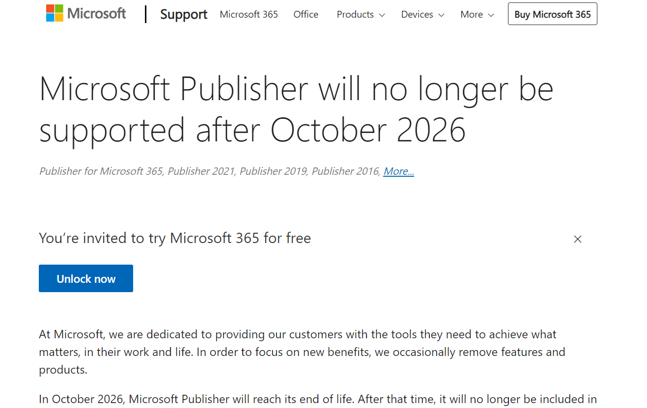 「Microsoft Publisher」がサポート終了へ