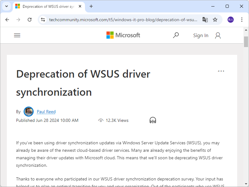 公式ブログ「Windows IT Pro Blog」におけるアナウンス