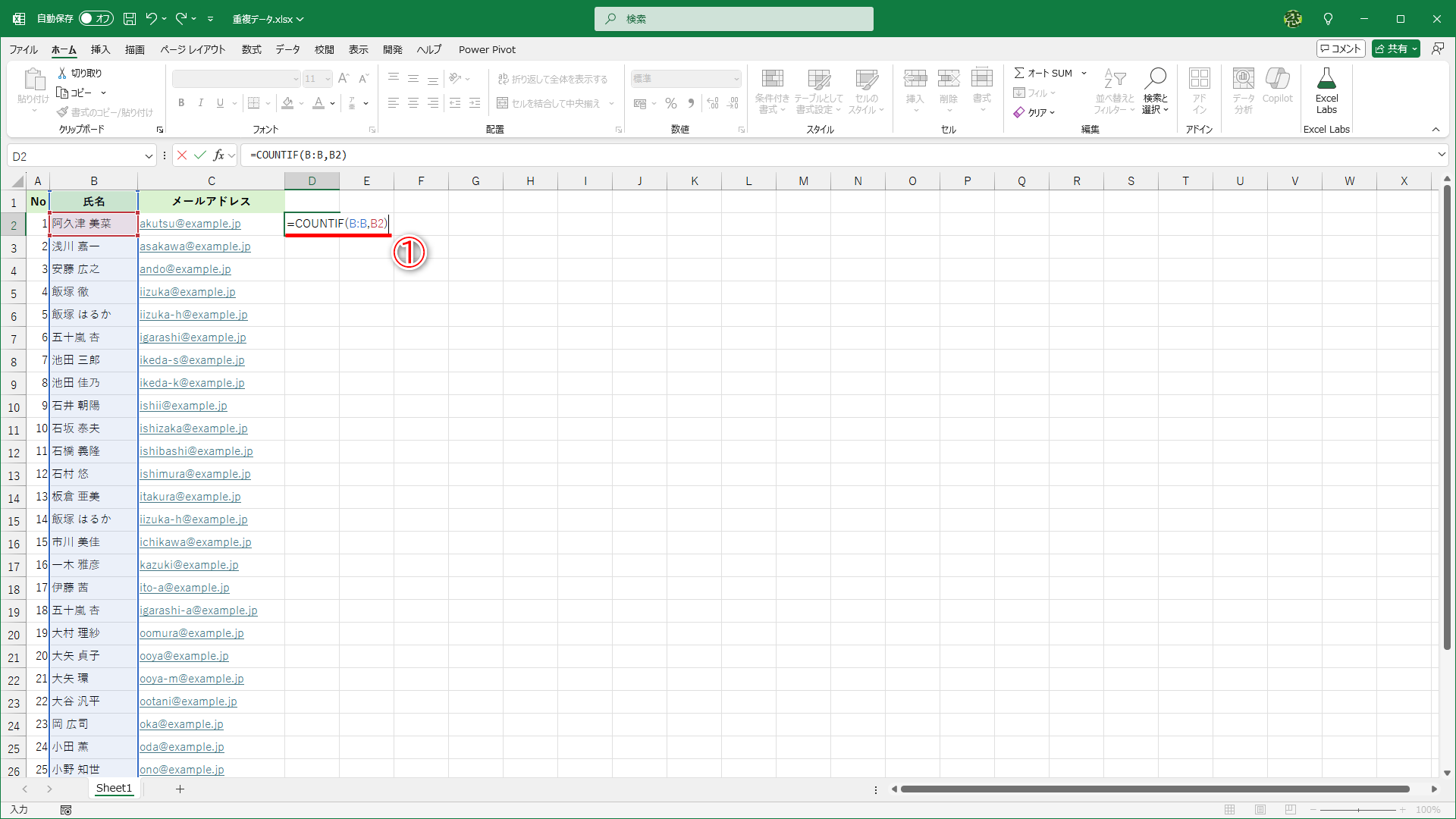 セルD2に「=COUNTIF(B:B,B2)」と入力します（①）