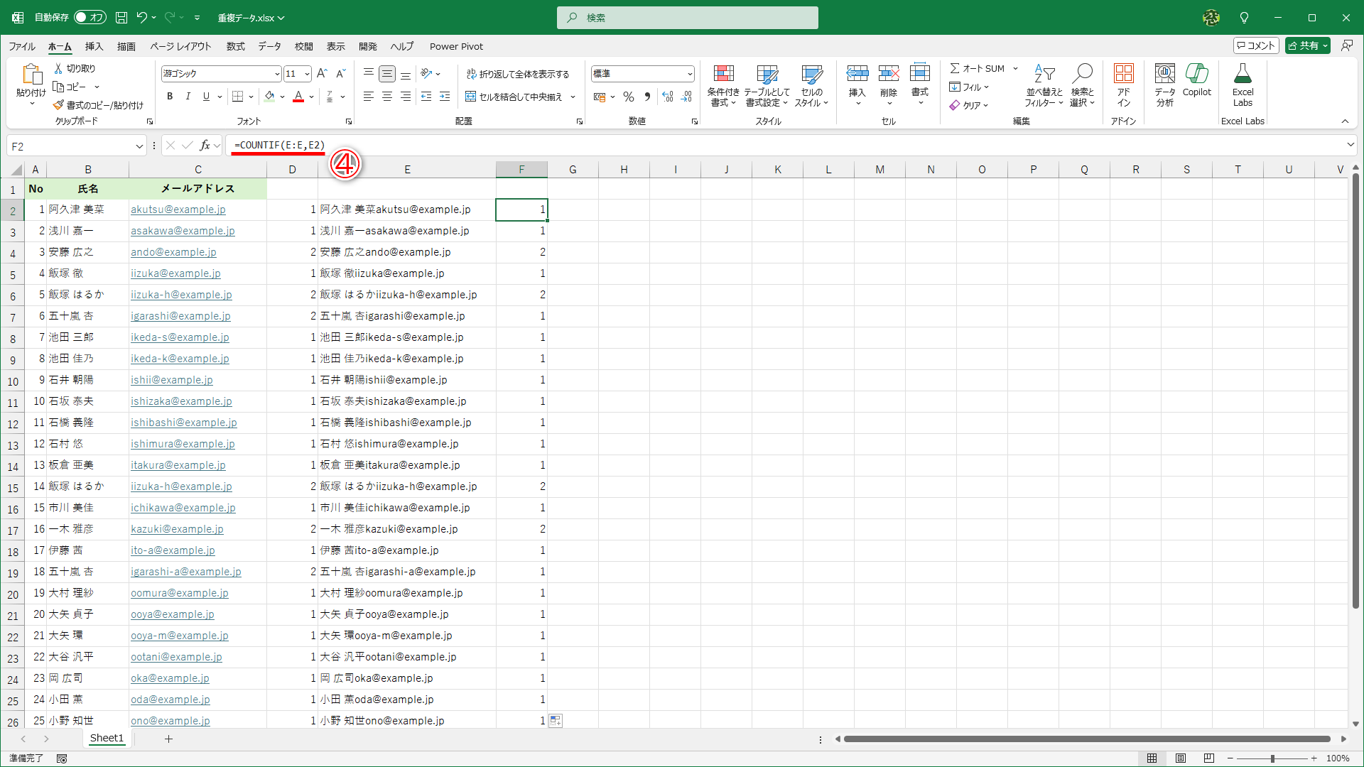 セル「=COUNTIF(E:E,E2)」と入力して（④）、下方向に数式をコピーしてあります