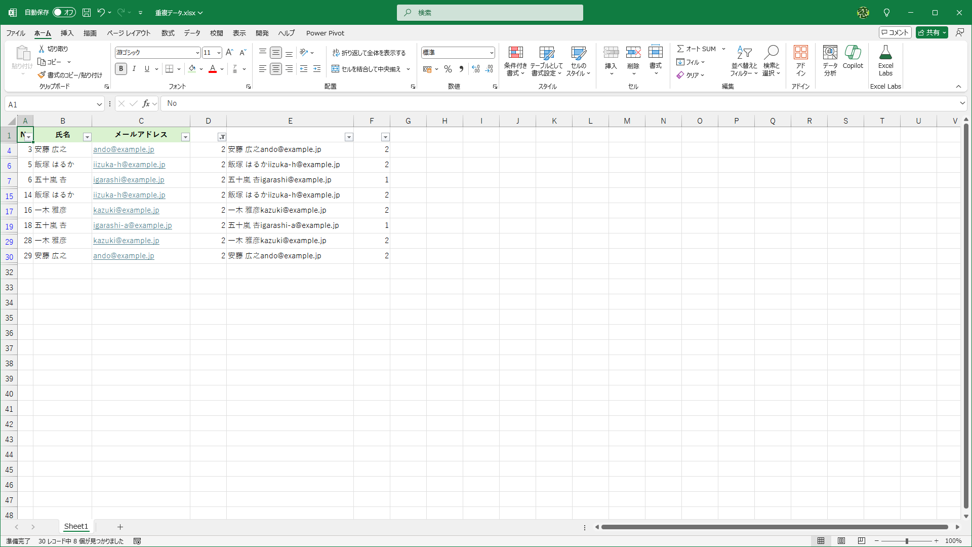 重複しているデータだけが表示されました