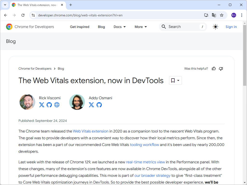 公式ブログ「Chrome for Developers」におけるアナウンス