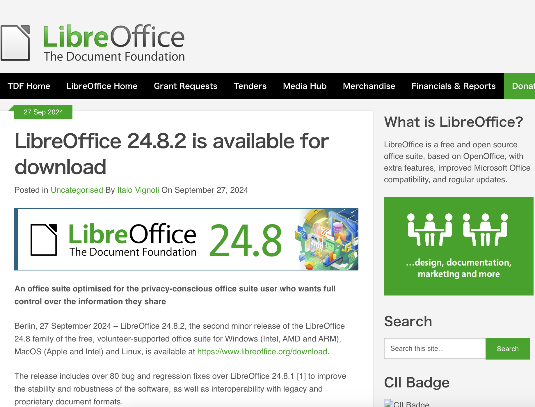 「LibreOffice 24.8.2」がリリース
