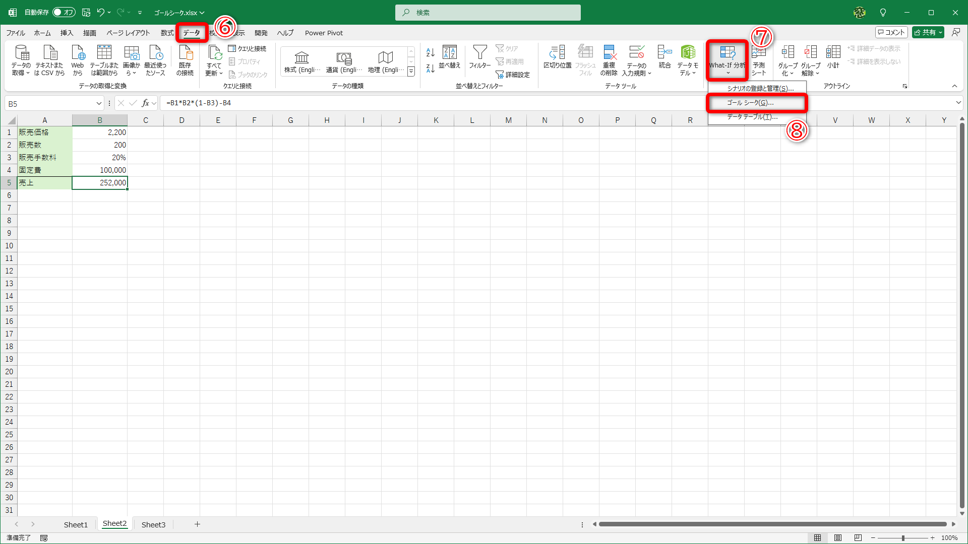 売上を求めるセルB5には「=B1*B2*(1-B3)-B4」という数式が入力されています。［データ］タブ（⑥）にある［What-If分析］（⑦）－［ゴールシーク］（⑧）をクリックします