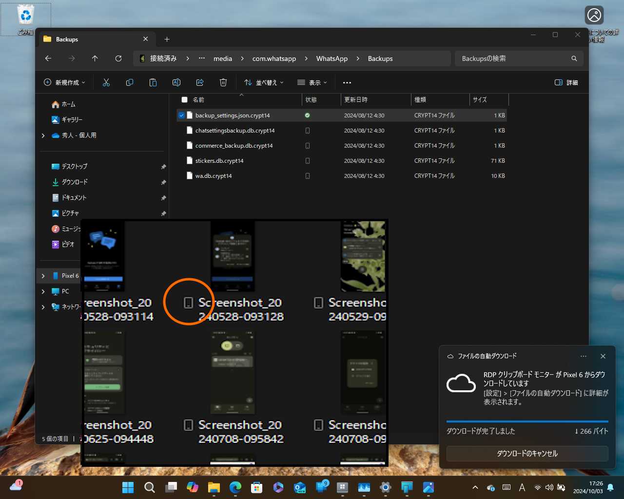 フォルダーやファイルのそばには、ファイルの同期（転送）状態を示すアイコン