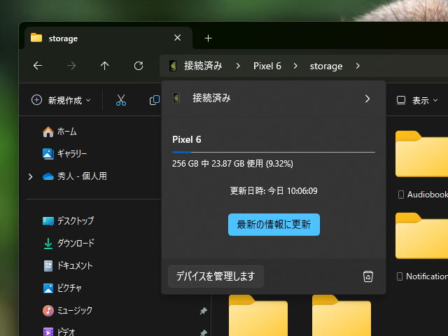 Androidデバイスとの接続状態やストレージの消費量、最終更新日などをチェックできるパネル