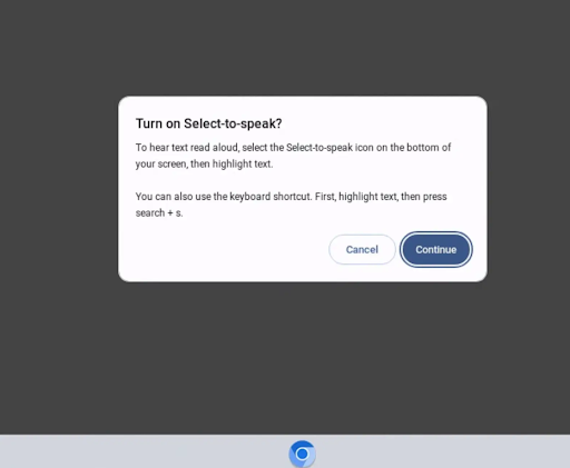 ［検索］＋［S］キーを最初に押すと、「Select to Speak」を有効化するかどうかを確認するダイアログが表示される