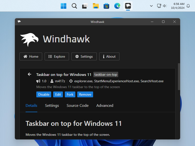「Taskbar on top for Windows 11」v1.0.1。Windows 11のタスクバーをデスクトップの上部に配置できる