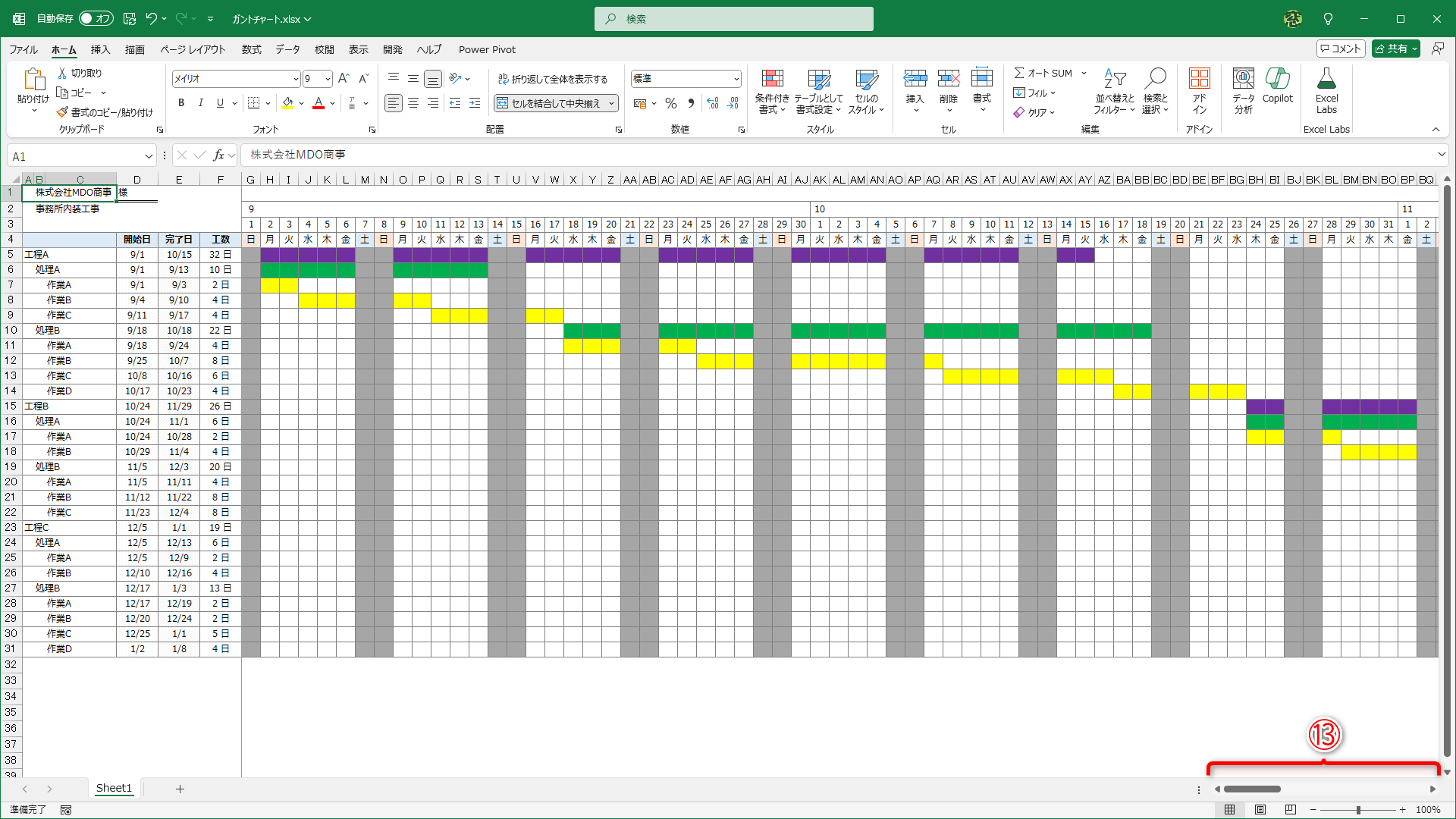 横スクロールバーが表示されました（⑬）