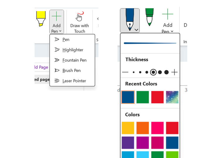 いずれもリボンの［描画］タブで選択可能。他のペンと同様、太さと色を調整できる